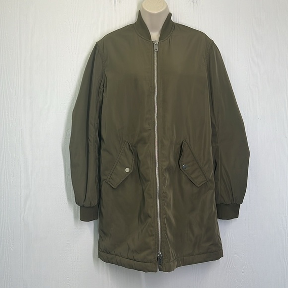 H&M - Army Green Shiny Zip Up Long Sleeve With Pockets Long Bomber Jacket SZ XS - Picture 2 of 8